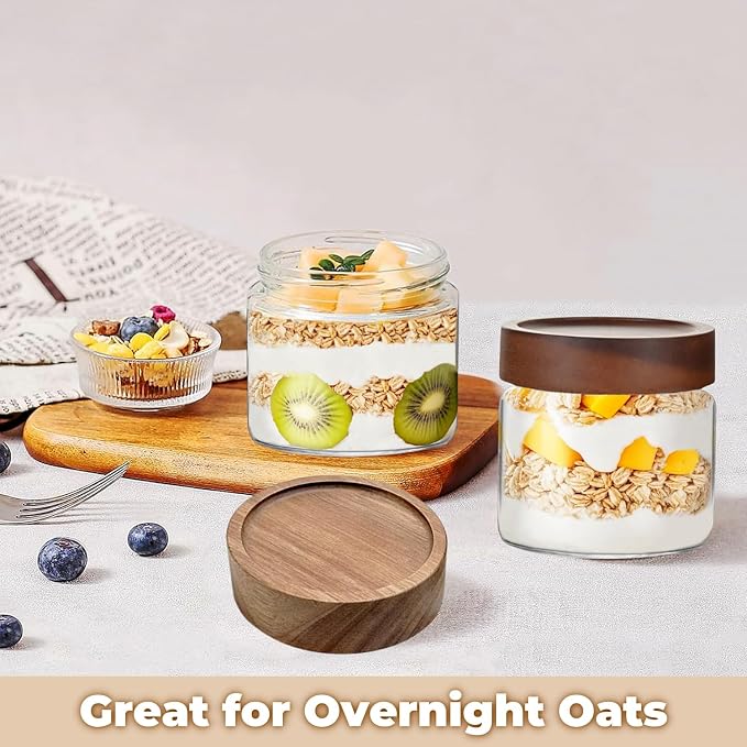 17 Fl oz/500 ml Glass Food Storage Jar with Airtight Screw on Wooden Lid | Premium Clear Glass Container Jars, Kitchen Canisters for Coffee,Tea,Snacks,Cookies,Nuts,Spice,Candy,Sugar,Overnight Oats