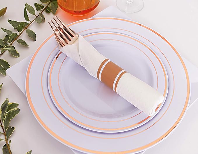 30 Pack Pre Rolled Rose Gold Plastic Silverware, Linen Napkin | Heavy Duty Disposable Wrapped Flatware Cutlery Set for Bridal Showers, Weddings, Birthdays & Graduations
