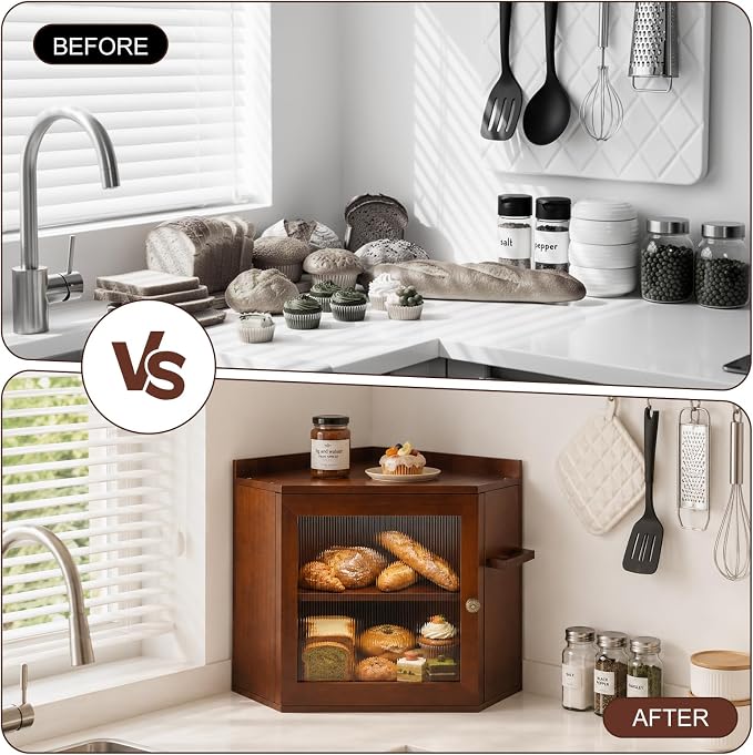 Corner Bread Box For Kitchen Countertop,2 Tier Bread Bin With Acrylic Door Panel,Adjustable Shelf & Hanging Rack,Food Storage Box For Kitchen,Dining Room,Pantry