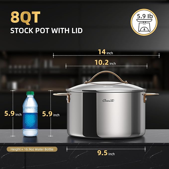 Ciwete 8 Quart Stock Pot with Lid, Upgraded Tri-Ply Stainless Steel Pot, Seamless Soup Pot with Stay-Cool Brass Handle, Healthy Polished Stockpots, Induction Cookware, Oven and Dishwasher Safe