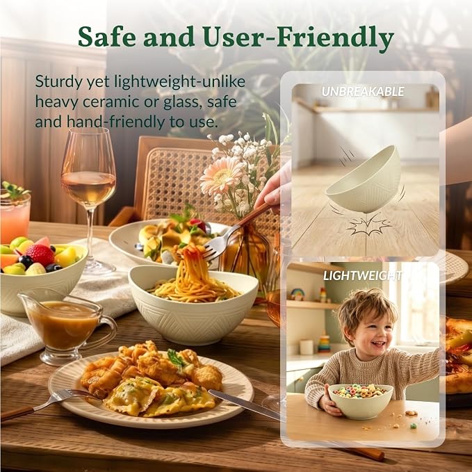 Unbreakable Cereal Bowls Wheat Straw Bowls Set 26 OZ Plastic Bowls Alternative for Kitchen 6 PCS Resuable Dessert Bowls for Party,New Home,Dorm Microwave & Dishwasher Safe-Beige
