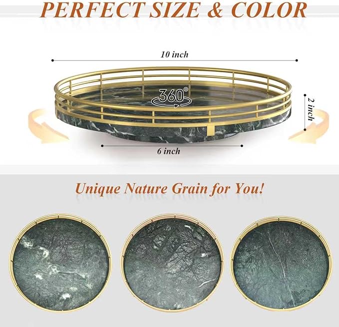 AMH 10-Inch Green Marble Lazy Susan with Gold Frame | Smooth rotating oak tray with walnut finish for dining tables, kitchen counters, pantries and cabinet storage.