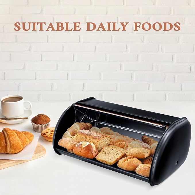 ENLOY Bread Box for Kitchen Countertop, Stainless Steel Bread Storage Bin for Kitchen with Roll Up Lid, Large Capacity Bread Keeper Holds Large Loaves of Bread (Rose Gold) 17 x 11 x 7 IN