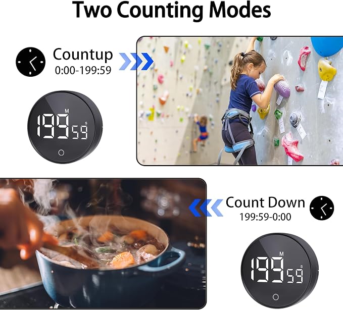 Digital Kitchen Timers, Magnetic Rotary Timer with Large LED Display, 3 Volume Levels, 0-199Min Countdown/Up, Easy Operation for Cooking, Studying, Fitness, Kids & Seniors