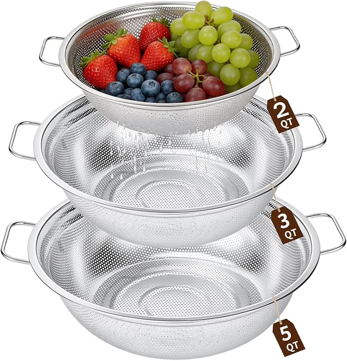 Stainless Steel Colander Set of 3, Micro-Perforated Metal Kitchen Strainer Set with Handles & Feet for Draining Pasta, Washing Rice, Vegetables - Heavy Duty 18/8 Steel (2, 3, 5 Quart)