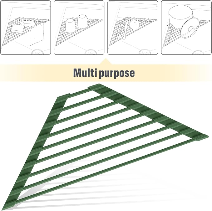Tomorotec Roll Up Dish Drying Rack with Silicone Coating, Army Green | 304 Stainless Steel with BPA-Free Silicone, Triangle Design Maximizes Sink Corner Space, Fits Compact Kitchens And RVs