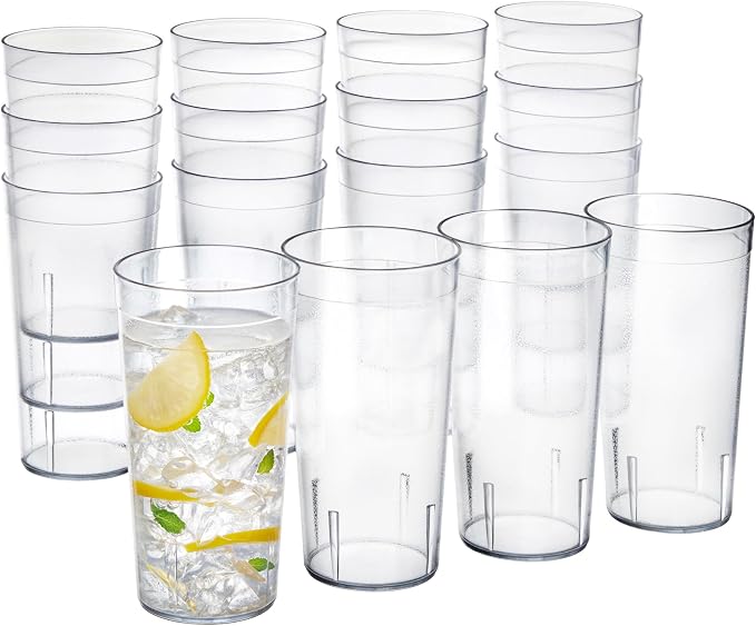 US Acrylic Cafe Plastic Reusable Tumblers (Set of 16) 20-ounce Water Cups in Clear | Value Set of Restaurant Style Drinking Glasses, Stackable, BPA-free, Made in the USA | Top-rack Dishwasher Safe