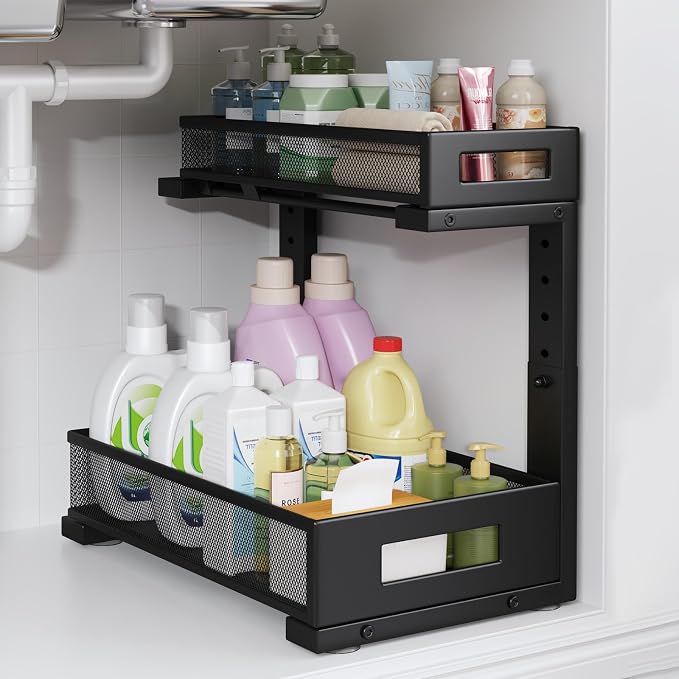 1 Pack-11.4"-16.14"H Under Sink Storage Organizer, Large 2-Tier Elegant Mesh Pull Out Shelf for Kitchen and Bathroom Cabinet Organization, L-Shaped and Adjustable Height Design for Maximum Space-Black