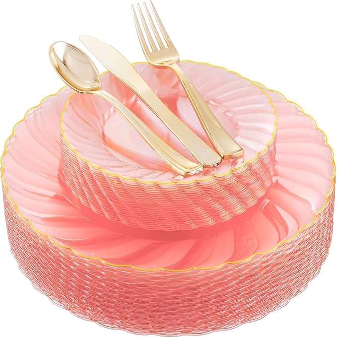 YOUBET 125Pieces Clear Pink Plastic Plates with Gold Rim - Gold Plastic Silverware Include 25 Dinner Plates 25 Dessert Plates 75 Golden Silverwares for Wedding Birthday & Parties Easter Mothers Day | Pink Plastic Dinnerware Set Include 25 Dinner Plates...