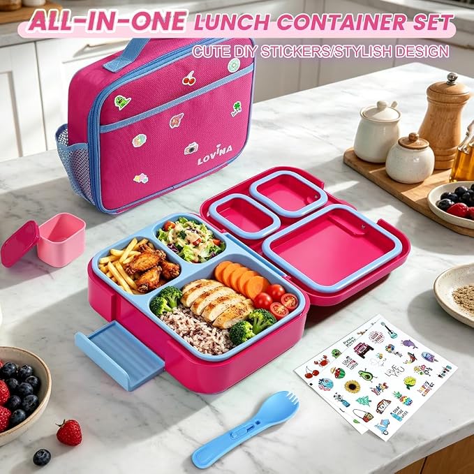 Bento Lunch Box Set For Kids Adult With Thermo Bag, Leak-Proof, BPA-Free | 36OZ Lunch Box Kids Kit, All-in-One Set With DIY Stickers Sauce Cup for Work, School, Camping(Hot Pink)