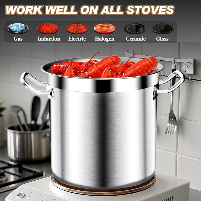 Large Stock Pot - Stainless Steel Stockpot with Lid - Heavy Duty Tri-Ply Bottom Commercial Grade Soup Pot for Cooking Soup, Stew, Canning, Oven, Gas, Ceramic, Dishwasher Safe
