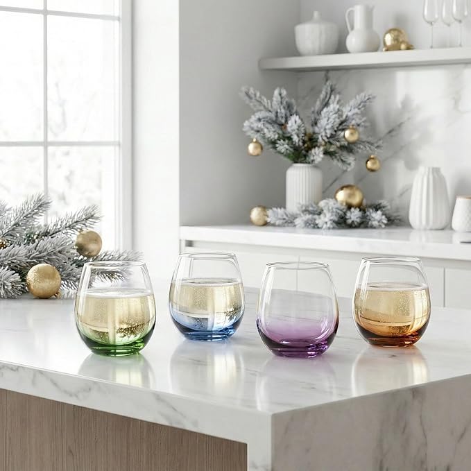 ColoVie Stemless Wine Glasses set of 6, Colored Cocktail Cups, Party Glass | 15oz Stemless Wine Glasses for Red wine, White wine, Sangria, Spritz, Colorful Glassware Set for Home bar, Weddings and Gifts