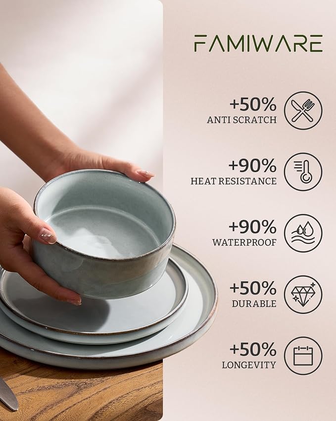 Famiware Annecy 12-Piece Stoneware Dinnerware Set, Grey Blue | Stoneware Plates and Bowls for 4, Handmade Reactive Glaze, Microwave & Dishwasher Safe, Chip & Scratch Resistant