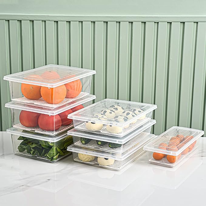 4PCS Food Storage Container, Plastic Food Containers X-Large | [With Removable Drain Plate and Lid], [Stackable Portable Freezer Storage Containers]-Tray to Keep Fruits, Vegetables, Meat