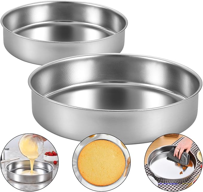 Inqibee 8-9.5 Inch Round Cake Pan Set, Stainless Steel Textured Bottom | Tri-ply Stainless Steel, Rolled Rim Layer Cake Bakeware, Oven & Dishwasher Safe, Healthy Non-Toxic for Birthday Wedding Cake