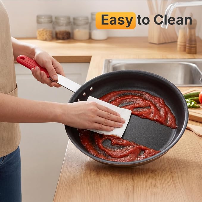 NEWBULIG Nonstick Frying Pan, 10 Inch Heavy-Gauge Aluminum Skillet with Ceramic Nonstick Coating & Stainless Steel Base for Induction, Electric, Gas, Oven Safe, Red Hanging Handle | Aluminum body even heating, steel handle silicone grip, oven safe 392°...