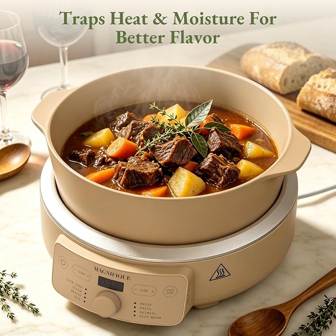 MAGNIFIQUE Slow Cooker, 4.5 Quart 8-in-1 Clay Pot Multi-Cooker, Non-Toxic Slow Cooker with Removable Clay Pot, for Rice, Pasta, Steam & Proof, Nonstick, Oven Safe Pot to 500°F, Brown