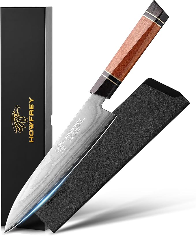 Japanese Chef Knife, Hand Forged 8 Inch 9 Layers 9CR18MOV High Carbon Steel Kitchen Knife with Bubinga Non-standard Octagonal Handle, Cooking Knives for Home Kitchen Gift Idea