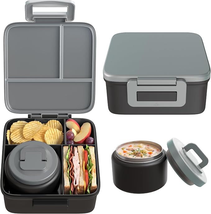 MAISON HUIS Bento Lunch Box with 8oz Soup Thermo, 5-Compartment Leak-Proof Container, Thermo Hot Food Jar and Insulated Lunch Bag, BPA Free,Travel, School (Gray)