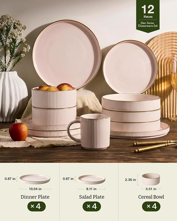 Famiware Plates and Bowls Set with Rim, Stoneware Dinnerware Sets for 4 | 12-Piece Ceramic Dishes, Lipped Edges, Chip & Scratch Resistant, Microwave & Dishwasher Safe, Everyday Formal Use, Light Pink