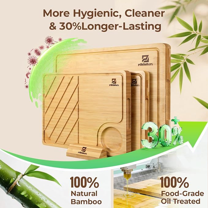 Bamboo Cutting Boards Set of 4 for Kitchen with Wood Storage Stand | Premium Chopping & Charcuterie Board with Juice Groove, Non Slip Feet and Easy-Grip Handles, Steak Serving Tray, Gift Box