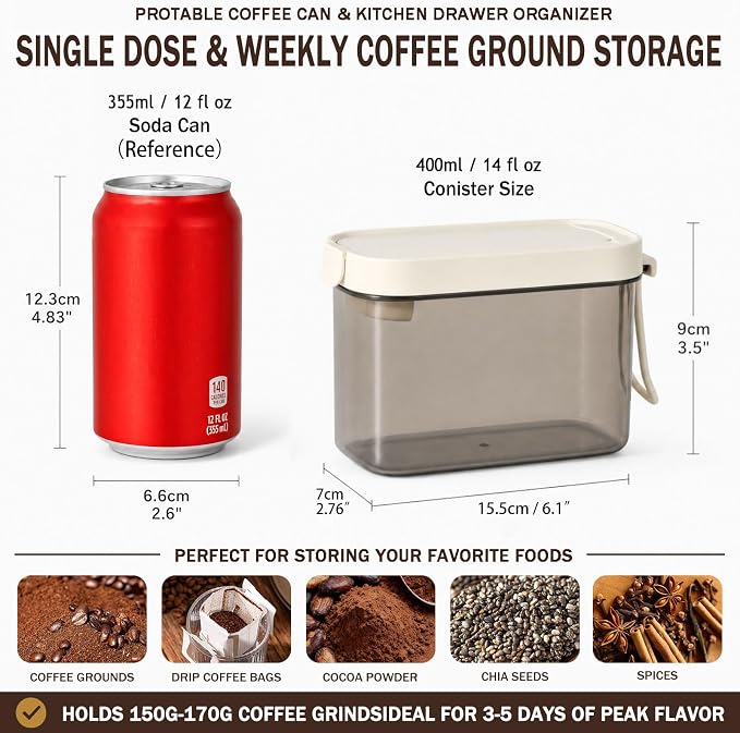 Airtight Coffee Canister with Scoop, 14oz Food Storage Container | Built-in Magnetic Scoop, BPA-Free, Portable with Carry Rope, for Ground Coffee, Beans, Sugar, Spices, Kitchen Pantry, 400ml