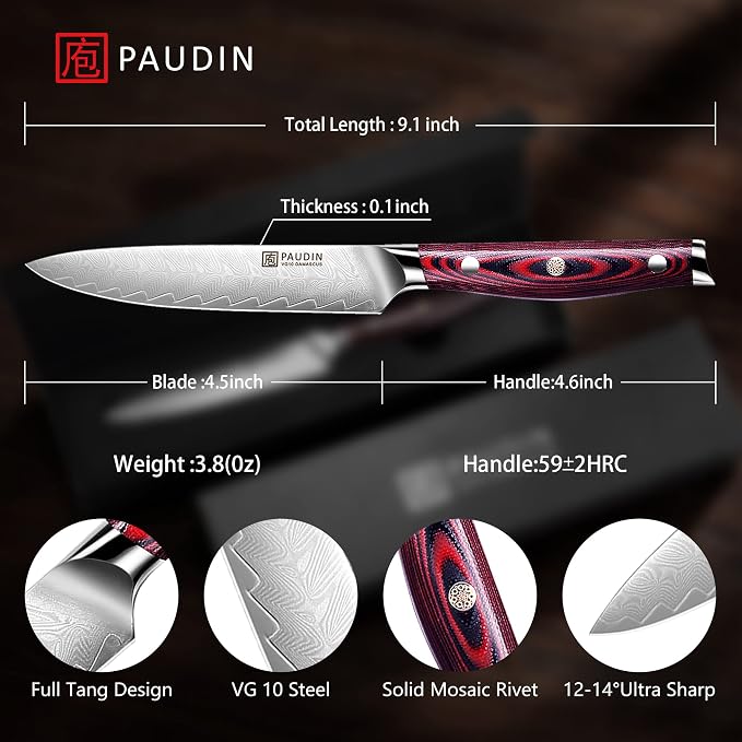 PAUDIN Utility Knife, 5 Inch Damascus Chef Knife | Damascus VG10 Steel with Ergonomic Wood Handle, Ultra Sharp Blade for Meat, Fruit & Vegetables, Gift Box