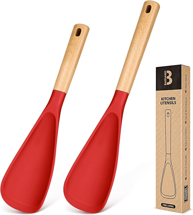Multifunction Cooking Spoons for Nonstick Cookware,11.4"&13.4", Red | Great for Cooking and Serving, Sturdy BPA-Free Matte Silicone, Wood Handle spoonula for Mixing, Scoop, and Scrape