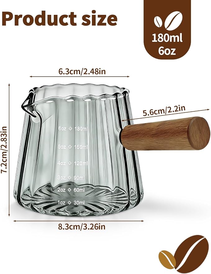 Espresso Measuring Cup 6 Oz, Espresso Glass Cups with Wood Handle, Milk Frothing Cup, Espresso Cup for Coffee, Milk, Tea or Maple Syrup Serving