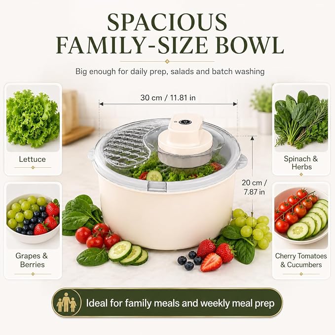 Electric Salad Spinner & Produce Washer, Fruit Washer Spinner Bowl for Lettuce, Berries & Veggies, Vegetable Dryer, Lettuce Spinner, Fruit Cleaner (Cream White)