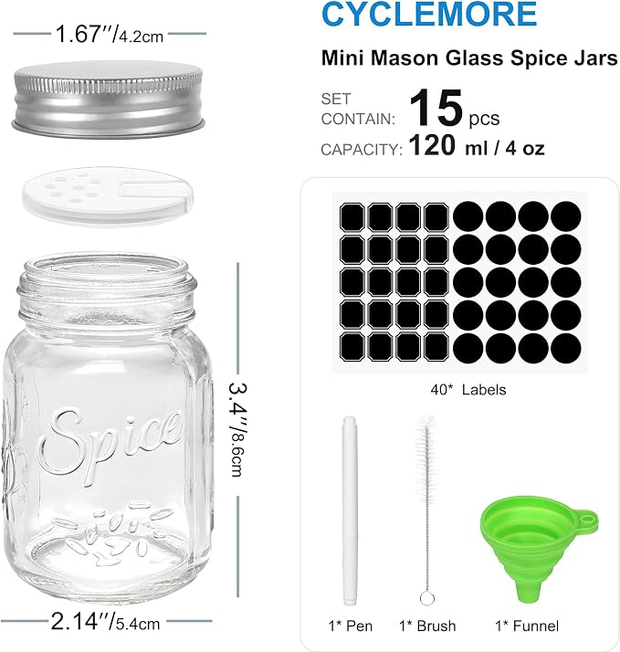 CycleMore 15 Pack 4oz Glass Spice Jars with Metal Caps and Shaker Lids