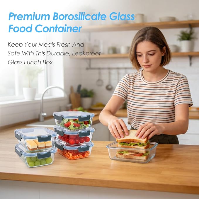 5-Pack 36oz Glass Food Storage Containers with Lids, Grey | Glass Meal Prep Food Container Sets, Airtight, Reusable, Leak-Proof, Microwave Oven Freezer Dishwasher Safe