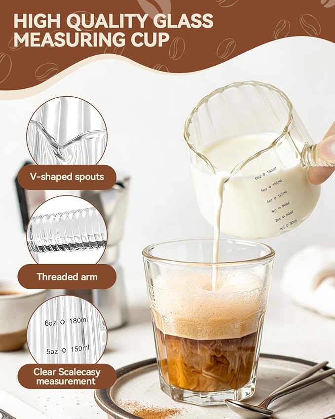2 PCS Espresso Measuring Cup 6 Oz, Espresso Glass Cups with Glass Handle, Milk Frothing Cup, Espresso Cup for Coffee, Milk, Tea or Maple Syrup Serving (Pure Transparent Color)