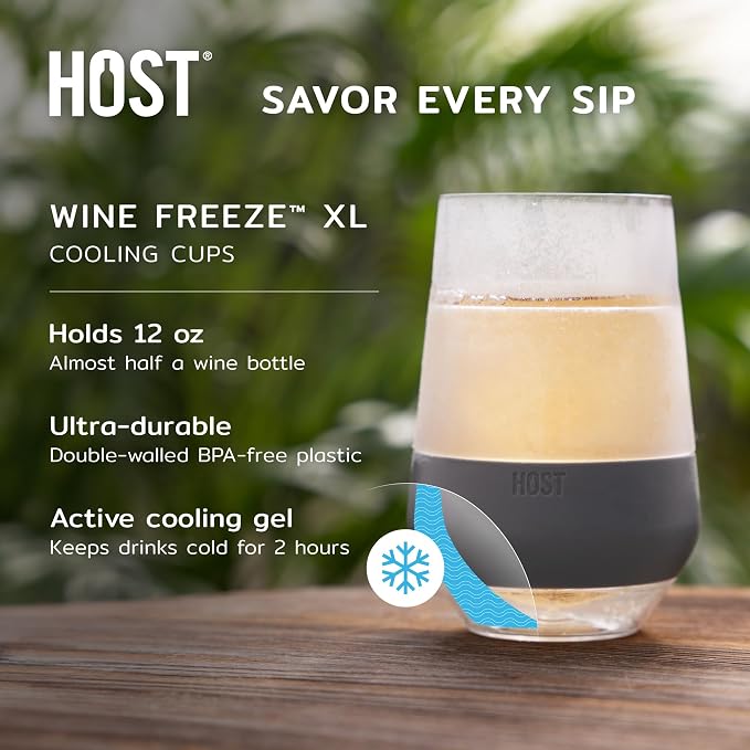 Host Freeze XL Wine Cooling Cups for Gifts for Mom, Birthday Gifts for Women, Double Wall Insulated Plastic Wine Glasses for Red and White Wines, Freezable Plastic Tumblers, 12 oz, Set of 4, Assorted
