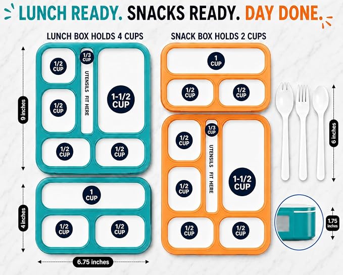 Bento Box Lunch and Snack Containers for School Kids Girls Boys | Leak Proof Portion Control Kits BPA Free, Teal & Orange, Large and Small, Value Set of 4