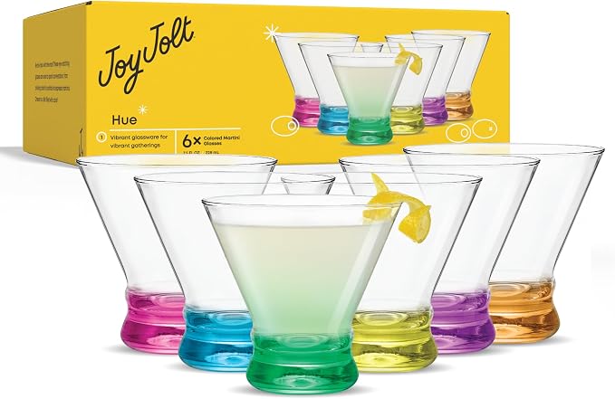JoyJolt Hue 7.5oz Martini Glasses, Cocktail Glassware Set of 6, Colored Glass Base, Stemless Drinking Glasses for Margarita, Bar, Shrimp Cocktail, Juice