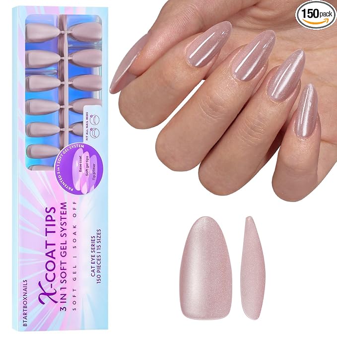 BTArtboxnails XCOATTIPS Cat Eye Press On Nails, Medium Almond, Falling Star | Lamp-Curable 4-Week Wear, Salon Quality Value at Home, Natural Nail Look, Easy-to-Apply for Beginners, 150ct Nail Tips Only