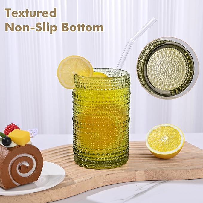 ZMOWIPDL 12oz & 15oz Hobnail Drinking Glasses,Green Glass Cups Set of 8 | Vintage Highball Glassware，Kitchen Drinkware，Embossed Water Tumbler,for Beer,Cocktail,Whiskey,Juice,Various Mixed Drinks