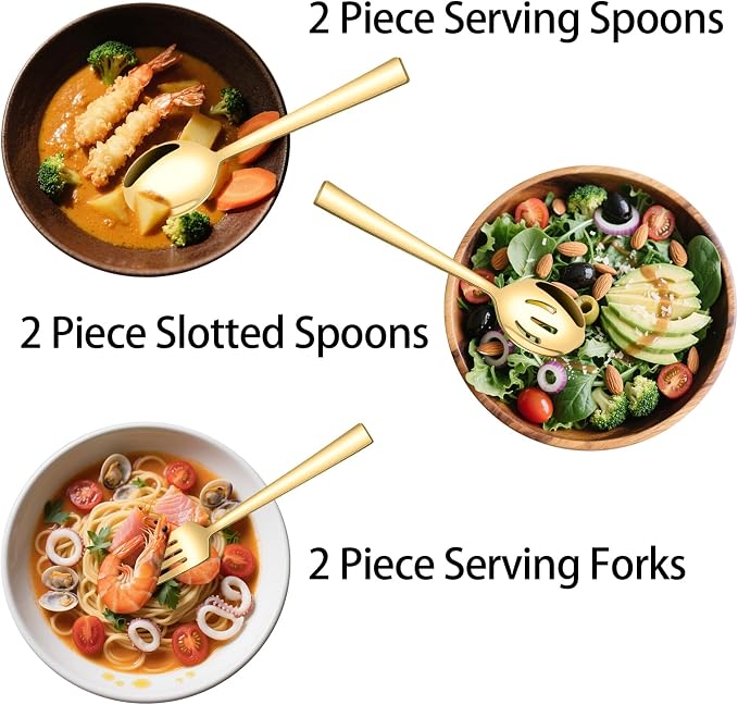 Stainless Steel Serving Utensils, 10PCS Serving Utensils Flatware Set | Gold Serving Set include Spoons Forks Slotted Spoons Appetizer Tongs Cake Server Butter Knife for Party Wedding