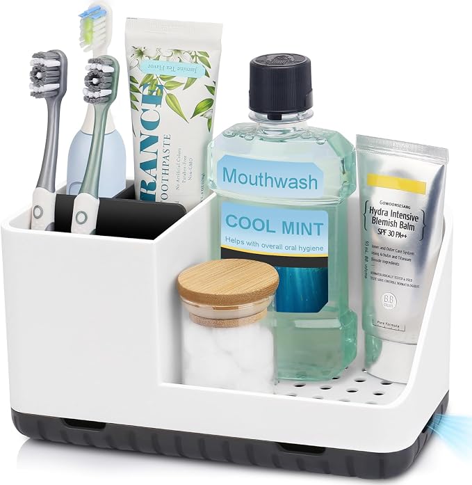 Toothbrush Holders for Bathroom Counter Organizer and Storage (White) | Easy To Clean, Drainage, Non-Slip, Detachable, Kids Electric Toothbrush and Toothpaste Holder for Bathroom