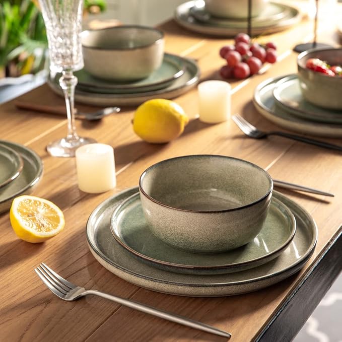 AmorArc Stoneware Dinnerware Sets for 4, 12Pcs Plates and Bowls Sets Dishes | Ceramic Round Reactive Glaze Dishes Set, Highly Scratch Resistant | Dishwasher & Microwave Safe Dishware