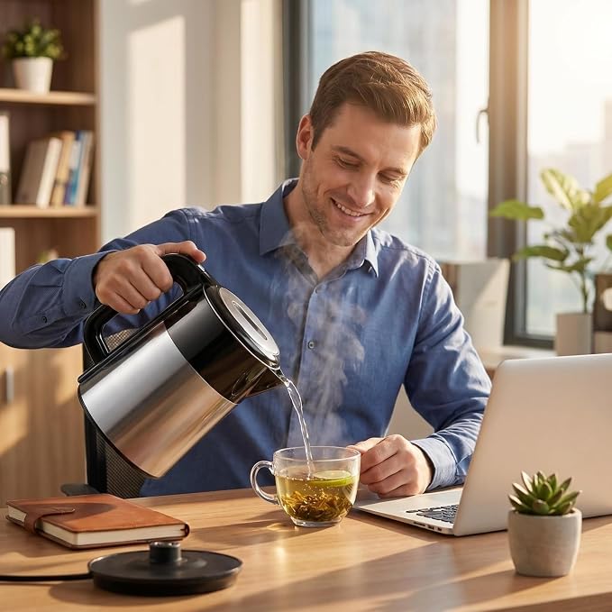 1L Small Travel Electric Kettle 1000W Portable Mini Hot Water Boiler | 304 Stainless Steel,Fast Boiling, Double Wall, Auto Shut-Off,Boil Dry Protection,Cordless 360° Base for Tea and Coffee