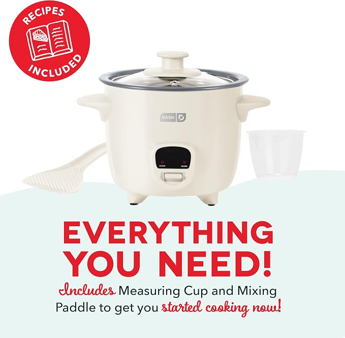 Dash Mini Rice Cooker, 2-Cup Removable Ceramic Nonstick Pot, Cream | Small Rice Cooker, Rice Maker for One, Keep Warm Function, Cooks Oatmeal, Quinoa & Grains