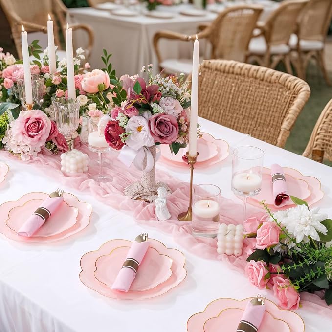 30 Pack Gold Plastic Silverware Set with Pre Rolled Pink Napkin | Heavy Duty Disposable Wrapped Cutlery with Pink Linen Feel Napkins for Birthdays, Weddings, Parties & Special Events
