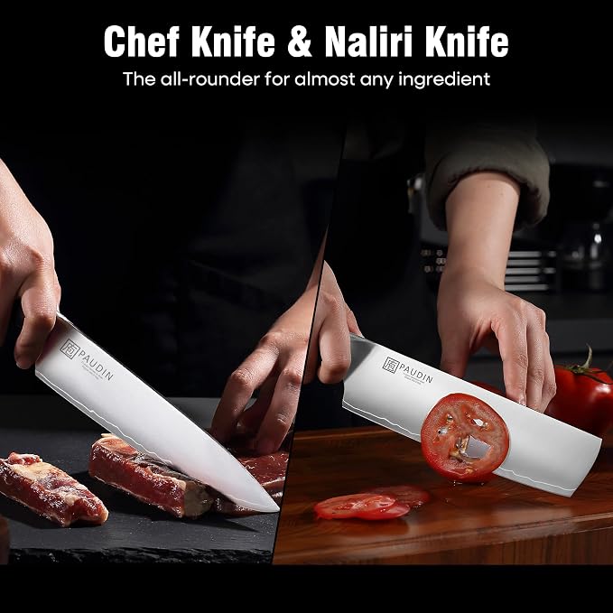 PAUDIN Kitchen Knife Set, Ultra-Sharp Multi-Layer High Carbon Steel Knives for Meat and Vegetables, Ergonomic Wooden Handle,62 HRC Kitchen Chef Knife Set for Cooking,BBQ,Meal Prep,Gifts for Men Women