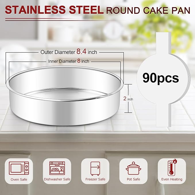 LIANYU 8 Inch Cake Pan Set of 3, Round Baking Pans for Layer Birthday Cake | Non Toxic Stainless Steel, Bakeware Tin with 90 PCS Parchment Paper for Wedding Christmas Party, Leak-proof & Dishwasher Safe