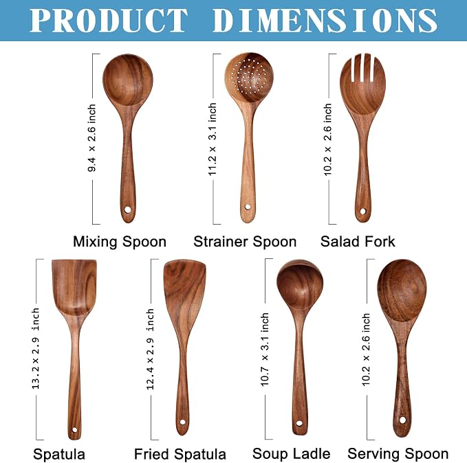 Wooden Non-Stick Kitchen Pan Toolset 7 Pieces Set, Natural Kitchen Utensils Spatula, Wooden Cooking Utensils Spoons, Fried Spatula and Salad Fork