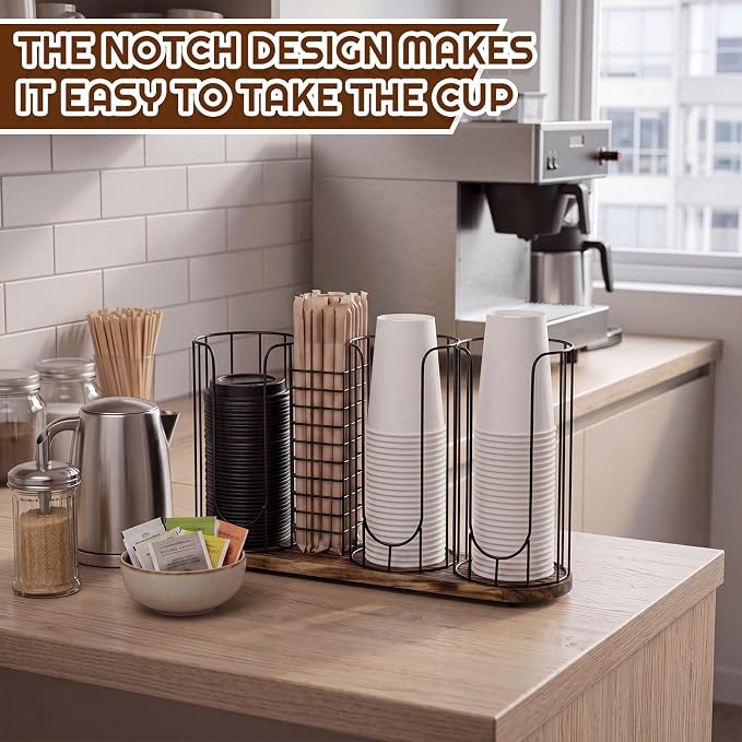18oz Adjustable Coffee Cup Dispenser with Wooden Base, Cup and Lid Holder, Cups Holder Organizer for Coffee Pod Straw and Lid Storage(4-compartment Single,Color 5)