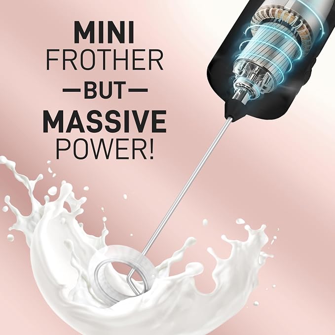 Mini & Mighty Milk Frother Wand – Powerful Handheld Coffee Frother, Battery Operated Drink Mixer – Compact Pocket Size – Detachable Whisk for Latte, Cappuccino, Matcha, Hot Chocolate