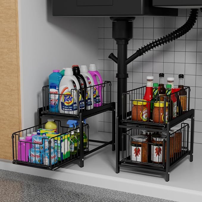 2-Tier Pull Out Cabinet Organizer, Slide Out Under Sink Organizer | Metal Cabinet Baskets with Mesh Sliding Drawer for Home, Office, Bathroom, Kitchen, Pantry Storage Shelf, Large Black